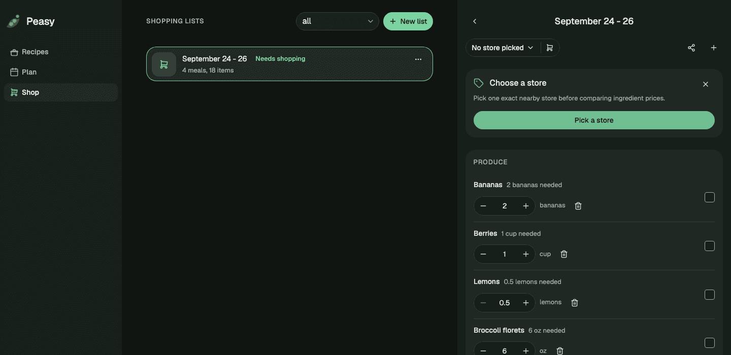 Peasy web shopping workspace