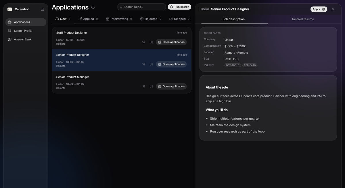 Careerbot application dashboard and job detail panel