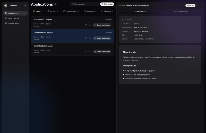 Careerbot application dashboard and job detail panel