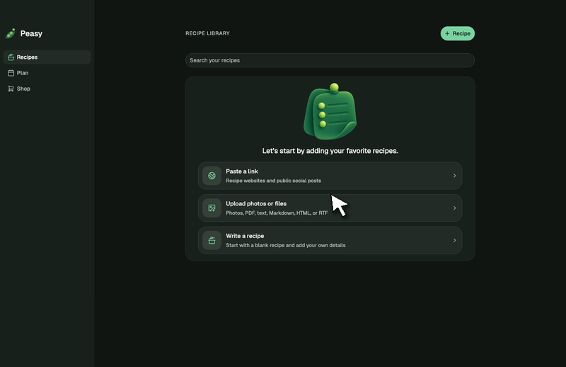 Peasy web app walkthrough from recipes to meal plan and shopping list